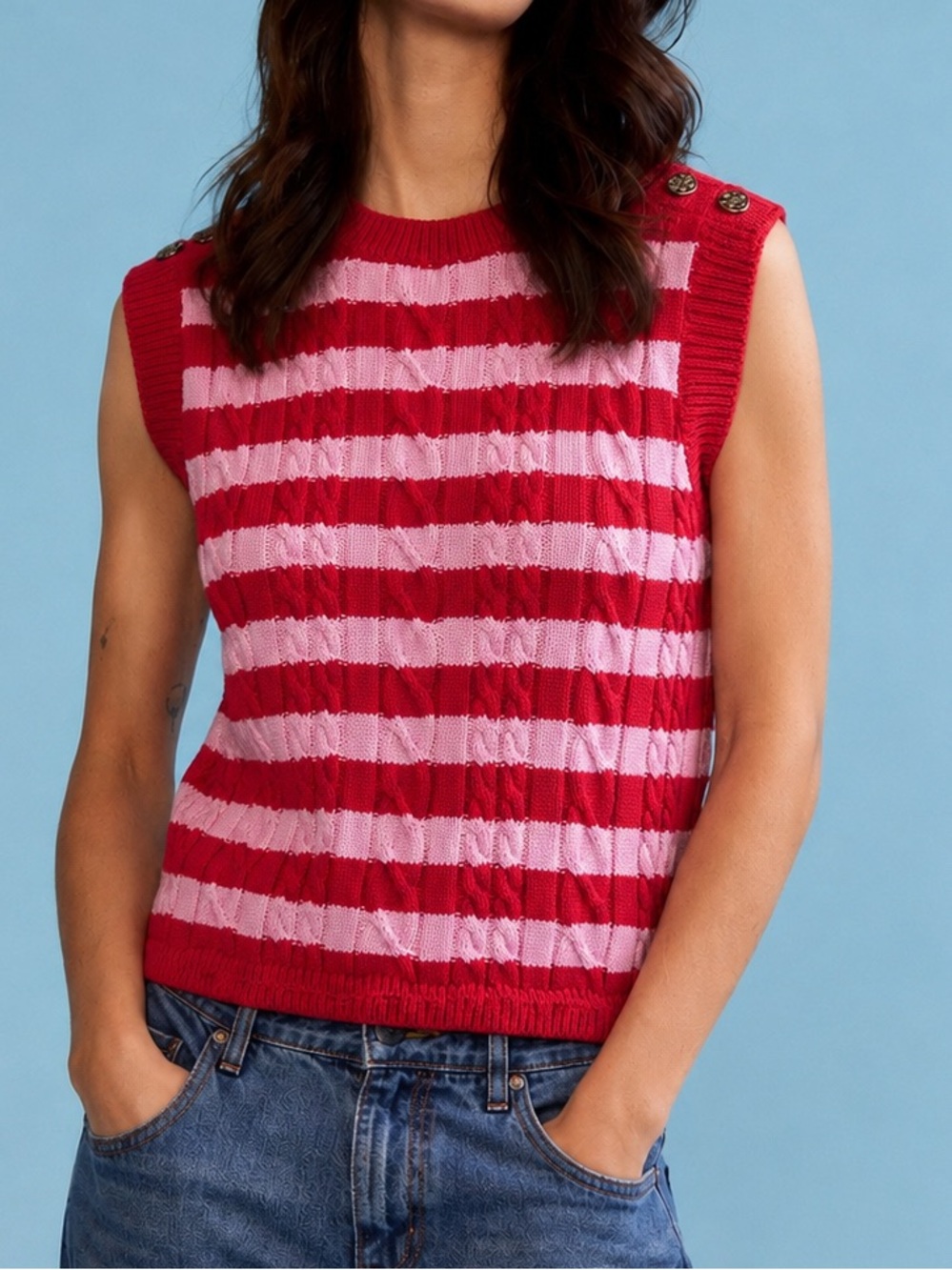 Red Pink Striped cable Knit Vest Strawberry Girl Preppy Summer Top/coastal prep